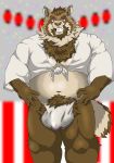  2020 anthro asian_clothing belly brown_body brown_fur bulge canid canine chan_kiti_chan_(artist) clothing east_asian_clothing fundoshi fur hi_res humanoid_hands japanese_clothing kemono male mammal navel overweight overweight_male raccoon_dog solo tanuki underwear 