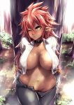  big_breasts breasts clothed clothing dark_skin elf female hair hi_res humanoid not_furry one_eye_closed open_clothing open_shirt open_topwear outside packge red_hair shirt solo teasing topwear tree 