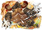  2boys abs alternate_costume bara beard bow bowtie briefs bulge chest chest_harness dancing dark_skin dark_skinned_male facial_hair flower flower_in_mouth gloves gomtang hephaestus_(tokyo_houkago_summoners) looking_at_viewer male_focus male_underwear manly mouth_hold multiple_boys muscle nipples official_art pectoral_docking pectoral_press pectorals red_eyes revealing_clothes scar shirtless short_hair shrug_(clothing) talos_(tokyo_houkago_summoners) thick_eyebrows thick_thighs thighs tokyo_houkago_summoners underwear water yaoi 