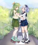  2girls blue_eyes blue_hair character_request green_eyes green_hair green_skirt hair_ribbon hand_on_another&#039;s_arm hand_on_another&#039;s_waist highres kneehighs looking_at_another multiple_girls okazaki_leo plaid plaid_skirt railing ribbon roller_skates school_uniform sigsbee_(warship_girls_r) skates skirt uniform warship_girls_r yuri 