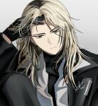  18trip 1boy bishounen black_eyes black_gloves black_jacket black_roots black_shirt black_streaks blazer blonde_hair commentary curtained_hair expressionless gloves hair_over_shoulder hand_in_own_hair highres imo_imoimoi jacket lapel_pin lapels leg_up long_hair long_sleeves looking_at_viewer loose_hair_strand lu_liguang making-of_available male_focus multicolored_hair notched_lapels shirt simple_background solo streaked_hair symbol-only_commentary upper_body white_background white_shirt 