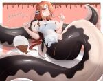  1girl apron black_tail blush bowl breasts chocolate chocolate_on_body commentary_request covered_navel covered_nipples eel_girl eel_tail fins flying_sweatdrops food_on_body frilled_apron frills head_fins heart highres holding holding_whisk kneeless_mermaid large_breasts long_hair looking_at_viewer lying mermaid monster_girl monster_girl_encyclopedia naked_apron nipples on_back on_tail orange_hair original red_eyes saliva saliva_trail sideboob sidelocks signature slimy solo spill suikakun tile_floor tiles twitter_username two-tone_tail whisk white_apron 