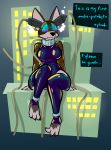  anthro aygee breasts c-nine_(aygee) candid canid canine canis clothed clothing collar cyberpunk domestic_dog electrical_plug female hi_res husky latex_clothing latex_stockings legwear mammal nordic_sled_dog solo spitz text wire 
