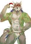  accessory anthro athletic athletic_anthro athletic_male blush canid canine canis clothed clothing fangs fur green_clothing grey_body grey_fur hand_on_hip headband hi_res male mammal nipples seatohao simple_background solo temujin tokyo_afterschool_summoners underwear video_games white_background white_clothing white_underwear wolf yellow_eyes 