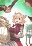  1girl bangs bird black_eyes black_shirt blonde_hair blurry blurry_background breasts cat cleavage commentary coppelia_(futamine) depth_of_field djeeta_(granblue_fantasy) eyebrows_visible_through_hair flying_sweatdrops fusion granblue_fantasy harp highres holding holding_instrument instrument jacket looking_at_viewer lumberjack_(granblue_fantasy) mechanical_arm mechanical_legs medium_breasts open_mouth red_jacket shirt short_hair sitting smile solo wavy_mouth wing_hair_ornament 