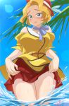  1girl announcer_(appare_ranman!) appare-ranman! blonde_hair blue_neckwear blush day dress highres lifted_by_self looking_at_viewer outdoors pout red_hair red_skirt short_hair skirt solo standing summer wading yasutomo!_(akuasky) yellow_dress 