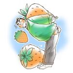  1boy :d animal_ears bear_boy bear_ears bear_tail bent_over black_hair blush facial_hair food fruit full_body goatee green_sweater grey_pants grgxrt highres long_sleeves male_focus notice_lines one_eye_closed open_mouth original oversized_food oversized_object pants receding_hairline shoes short_hair sideburns_stubble smile solo strawberry stubble sweater tail thick_eyebrows white_shoes 