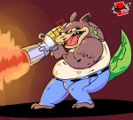  2020 activision anthro belly bottomwear bulge canid canine canis clothing crash_bandicoot_(series) crocodile crocodilian crocodylid dingo dingodile el_booki fire hybrid male mammal overweight overweight_male pants reptile scalie shirt solo topwear video_games weapon 