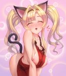  1girl all_fours animal_ears apron bangs between_breasts blonde_hair breasts cat_ears cat_tail closed_eyes clothes_between_breasts deep_skin eyebrows_visible_through_hair facing_viewer fake_animal_ears fake_tail granblue_fantasy hair_intakes highres large_breasts long_hair naked_apron nipples parted_bangs puckered_lips red_apron solo sparkle tail tekkai_blade twintails zeta_(granblue_fantasy) 