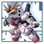  beam_saber chibi green_eyes gundam gunpla holding holding_sword holding_weapon mecha mecha_request moukin_punch no_humans open_hand solo sword v-fin weapon 