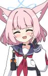 1girl :d ^_^ animal_ear_fluff animal_ears black_gloves blue_archive blue_halo blue_sailor_collar blunt_bangs blush closed_eyes commentary facing_viewer fingerless_gloves fox_ears fox_girl furrowed_brow gloves halo hand_up kotowa long_sleeves medium_hair neckerchief niko_(blue_archive) open_mouth pink_hair red_neckerchief sailor_collar school_uniform scratching_cheek serafuku shirt simple_background smile solo sweatdrop tactical_school_uniform upper_body white_background white_shirt 