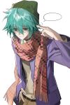  1boy absurdres aqua_eyes aqua_hair beanie belt belt_buckle black_belt blank_speech_bubble brown_pants buckle choker cowlick cuckoo_gesture empty_eyes finger_twirl from_above furrowed_brow green_hat grin hair_between_eyes hand_on_own_hip hat highres hiyori_sou jacket kimi_ga_shine long_sleeves male_focus messy_hair motion_lines open_clothes open_jacket pants polka_dot polka_dot_scarf purple_jacket raised_inner_eyebrows red_scarf scarf shaded_face shirt short_hair sidelocks smile sodium_(sdd1234364) solo speech_bubble upper_body white_background white_shirt 
