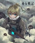  1girl ahoge blonde_hair blue_eyes boots clenched_teeth cloud cloudy_sky copyright_name explosion eyelashes flying gloves gun highres military military_uniform ponytail rifle sky solo tamusuguru tanya_degurechaff teeth tracer_fire uniform war weapon youjo_senki 