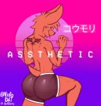  absurd_res anthro brown_body brown_fur chiropteran clothing felid fur hi_res hybrid japanese_text lion male mammal pantherine rear_view solo tattoo text tongue tongue_out underwear vaporwave viola viola_bat 