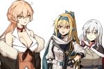  3girls banssee bare_shoulders barrette black_gloves blonde_hair blue_shirt bra braid braided_ponytail breasts brown_jacket choker cleavage collarbone eyebrows_visible_through_hair girls_frontline gloves green_ribbon grey_eyes grey_hair hair_ribbon hairband hand_on_hip highres jacket long_hair looking_away medium_breasts multiple_girls open_mouth ots-14_(girls_frontline) ponytail red_bra red_choker red_eyes ribbon scarf shirt silver_hair star_(symbol) star_choker sv-98_(girls_frontline) svd_(girls_frontline) sweatdrop turtleneck underwear white_background white_jacket white_scarf white_shirt yellow_eyes 