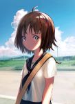  1girl absurdres ahoge brown_eyes brown_hair cloud collarbone frown highres hill huge_filesize inami_hatoko looking_at_viewer original outdoors road rural school_uniform serafuku shor_hair sky solo street upper_body 