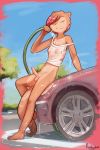  anthro balls blush bottomless breasts car car_wash cassandra_(funkybun) clothed clothing erection foreskin funkybun genitals gynomorph hi_res hose intersex lutrine mammal mustelid parking_lot penis public solo vehicle water wet wet_clothing 