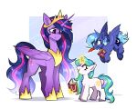 absurd_res book buvanybu equid equine female friendship_is_magic group hasbro hi_res horn looking_up magic mammal my_little_pony mythological_creature mythological_equine mythology pegasus princess_celestia_(mlp) princess_luna_(mlp) purple_eyes smile trio twilight_sparkle_(mlp) unicorn winged_unicorn wings