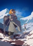  1girl artist_name backpack bag black_eyes boots breath cloak day decadence_(anime) flag full_body goggles hands_up mountain natsume_(decadence) orange_hair outdoors pomodorosa prosthesis prosthetic_arm short_hair snow solo standing visible_air 