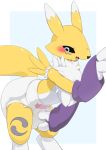  3_fingers ambiguous_gender anthro blush bodily_fluids canid canine chest_tuft claws clothing diaper digimon digimon_(species) digitigrade fingers fox gloves groping_self handwear hi_res looking_down mammal nyanyakotarou open_mouth renamon solo standing sweat teeth tongue tuft wearing_diaper 