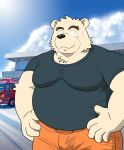  2020 anthro belly bodily_fluids bottomwear clothing hi_res humanoid_hands kemono male mammal overweight overweight_male pants real shirt solo sweat temae15 topwear ursid 