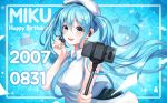  1girl absurdres beret blue_eyes blue_hair blue_nails cellphone character_name eyebrows_visible_through_hair floating_hair gongha happy_birthday hat hatsune_miku headset highres holding huge_filesize looking_at_viewer necktie open_mouth phone selfie_stick smartphone solo twintails vocaloid white_headwear 