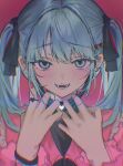 1girl :d black_mask black_ribbon blue_eyes blue_hair commentary ear_piercing facial_mark fangs frilled_shirt frills hair_ornament hair_ribbon hatsune_miku heart heart_facial_mark heart_hair_ornament heremia highres long_hair mask_pull piercing pink_background pink_shirt ribbon shirt smile solo symbol-only_commentary teeth twintails undershirt vampire_(vocaloid) vocaloid 