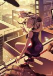  1girl animal_ears arknights boom_microphone building camera_lens china_dress chinese_clothes city dress eyewear_on_head feater_(arknights) grey_hair grin highres multicolored_hair on_roof one_eye_closed panda_ears shoes smile sneakers squatting streaked_hair sunglasses tomo_tomodo twilight twintails v 