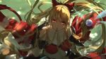  1girl adjusting_hair armor blonde_hair blurry bokeh bow breasts cleavage collarbone depth_of_field dress granblue_fantasy hair_bow hair_in_mouth long_hair outdoors ponytail red_dress red_eyes sketch solo swd3e2 vira_lilie 