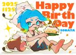  1girl 2025 anklet barefoot birthday_cake black_bra black_shorts blonde_hair blue_eyes blue_hair bra bra_peek cake candle closed_mouth commentary_request dated earclip eating eyebrow_cut feet food food_on_face fork full_body gradient_hair happy_birthday highres holding holding_fork holding_plate inari1369 inkling inkling_girl inkling_player_character jewelry looking_at_viewer multicolored_hair plate pointy_ears shirt short_hair short_sleeves shorts smile solo splatoon_(series) strawberry_cake t-shirt tentacle_hair torn_clothes torn_shirt two-tone_hair underwear utensil_in_mouth white_shirt 