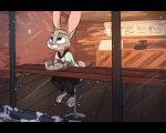  2016 5:4 anthro barefoot clothed clothing detailed_background disney female fully_clothed fur furniture glass grey_body grey_fur holding_cup holding_object inside judy_hopps lagomorph leporid letterbox mammal purple_eyes rabbit siroc sitting smile snow snowing solo stool window zootopia 