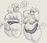 age_difference anthro areola big_butt boss_monster_(undertale) bovid breasts butt caprine clothed clothing female goat hair hi_res horn knees_up looking_at_viewer looking_back mammal mature_female multiple_poses older_female panties pose red_eyes sagging_breasts simple_background slightly_chubby solo tied_hair topless toriel undertale_(series) underwear wide_hips wolfertinger