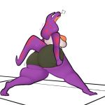  2020 anthro barefoot big_breasts big_butt bodily_fluids bottomwear breasts butt clothed clothing cobra female gym_shorts hi_res huge_breasts huge_butt keeshee looking_up ncs non-mammal_breasts purple_body reptile scalie shirt shorts sigh snake snake_hood solo standing sweat sweatdrop thick_thighs tight_clothing topwear yoga 