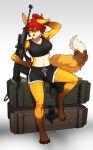  2020 absurd_res anthro bottomwear bra breasts canid canine claws clothed clothing digital_drawing_(artwork) digital_media_(artwork) digitigrade female fluffy fluffy_tail fox fur green_eyes gun hair hi_res leg_markings looking_at_viewer mammal markings medium_breasts midriff multicolored_body multicolored_fur navel pgm300 ponytail pose ranged_weapon red_hair rifle shorts signature simple_background sitting sniper_rifle socks_(marking) solo sports_bra toe_claws two_tone_body two_tone_fur underwear weapon 