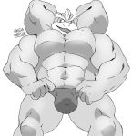  4_arms abs bulge clothed clothing fingers flexing greyscale hands_behind_head humanoid looking_at_viewer machamp male megawaffle_(artist) monochrome multi_arm multi_limb muscular muscular_male nintendo open_mouth pecs pok&eacute;mon pok&eacute;mon_(species) simple_background solo topless video_games white_background 