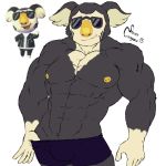  1:1 5_fingers abs animal_crossing anthro black_body black_clothing black_fur black_underwear clothed clothing eugene_(animal_crossing) eyewear fingers fur gloves_(marking) hi_res koala male mammal markings marsupial muscular muscular_anthro muscular_male nintendo nipples pecs simple_background solo steven_ciervyena sunglasses underwear video_games vombatiform white_background 