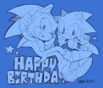  2018 anthro biped blue_theme classic_sonic classic_sonic_(universe) clothing dated duo english_text eulipotyphlan footwear gesture gloves handwear happy_birthday hedgehog kzmn male mammal open_mouth open_smile pointing shoes smile sonic_the_hedgehog sonic_the_hedgehog_(series) square_crossover star text 