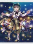  1girl :d absurdres androgynous antennae black_neckerchief blue_eyes blurry blurry_background blush bug cape commentary_request crossover eyelashes firefly full_body green_eyes green_hair highres illumise insect_wings konpota_(pixiv_113398422) long_sleeves neckerchief night open_mouth outdoors pants pokemon pokemon_(creature) shirt shoes short_hair signature smile socks teeth touhou upper_teeth_only volbeat white_shirt white_socks wings wriggle_nightbug yellow_eyes 