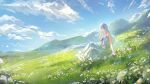  1girl absurdres arm_up barefoot blue_flower blue_ribbon closed_mouth cloud copyright_name daisy_(flower) day dress english_commentary flower grass hair_flower hair_ornament halo highres hill light_smile liv:_limpidity_(pgr) liv_(pgr) long_dress long_hair looking_at_viewer mountain official_art outdoors pink_eyes punishing:_gray_raven ribbon sky sleeveless sleeveless_dress solo very_long_hair white_dress white_flower white_halo wide_shot 