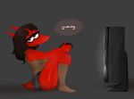 2022 anthro banjo-kazooie bottomwear brown_hair clothing controller dark_hair digital_media_(artwork) electronics english_text eyelashes female female_anthro footwear game_controller gaming glistening_eyelids grey_background hair half-closed_eyes hi_res holding_controller holding_game_controller holding_object jinjo looking_at_viewer narrowed_eyes notohsoserious notso_(notohsoserious) playing_video_game rareware red_body red_tail shirt shorts side_view simple_background sleeveless_shirt smile socks solo speech_bubble tail tank_top television text thick_thighs topwear white_sclera