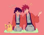  2boys ;d ash_ketchum bangs brown_hair commentary_request flying_sweatdrops gary_oak grey_kimono hand_on_another&#039;s_shoulder hands_on_lap hands_up itome_(funori1) jacket japanese_clothes kimono male_focus multiple_boys notice_lines one_eye_closed open_mouth orange_jacket pikachu pink_background pokemon pokemon_(anime) pokemon_(classic_anime) pokemon_(creature) sash short_hair sitting smile spiked_hair sweatdrop tongue 