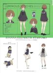  1girl absurdres back barefoot black_dress black_shoes brown_hair concept_art dress green_eyes hair_over_one_eye highres joanna_elizabeth_stafford long_sleeves luminous_witches multiple_views one-piece_swimsuit prairie_dog sailor_collar sandals scan shimada_fumikane shirt shoes short_hair shorts smile smile_(luminous_witches) swimsuit translation_request world_witches_series 