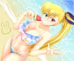  1girl beach bikini blonde_hair breasts cleavage day food green_eyes heterochromia highres large_breasts layered_bikini long_hair looking_at_viewer lyrical_nanoha mahou_shoujo_lyrical_nanoha_vivid melting misumi_takasumi navel older parted_lips popsicle print_bikini red_eyes sand shiny shiny_hair shiny_skin side_ponytail skindentation smile solo standing swimsuit teeth vivio water watermelon_bar 