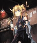  1girl ahoge arknights blonde_hair blue_eyes ceiling_light chalkboard coffee_cup cup disposable_cup drinking_glass iced_coffee leizi_(arknights) name_tag off_shoulder omuretu_(butterroru) pointy_ears shirt skirt sleeveless sleeveless_shirt 