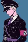  1boy adolf_(tezuka_osamu) adolf_kaufmann akiyama_enma armband arms_behind_back belt black_jacket blonde_hair blue_background blue_eyes closed_mouth collared_shirt commentary_request expressionless hat jacket male_focus military_hat military_uniform nazi necktie peaked_cap purple_necktie red_armband shirt short_hair simple_background solo swastika 