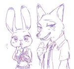  2020 anthro canid canine chu_twst clothed clothing disney duo female fox fur judy_hopps lagomorph leporid male mammal necktie nick_wilde rabbit red_fox shirt simple_background sketch topwear white_background zootopia 