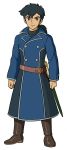  1boy bangs belt black_hair boots brown_eyes coat eyebrows full_body highres long_hair male_focus momose_yoshiyuki ni_no_kuni_ii official_art ponytail roland_crane solo sword tachi-e weapon 