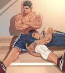  2boys abs bara bare_shoulders blush brown_eyes brown_hair bulge chest erection erection_under_clothes hand_under_clothes highres male_focus multiple_boys muscle nipples original pectorals self_shot shirtless shoes short_hair shorts sleeveless smile sportswear thick_eyebrows upper_body yaoi youchi123 
