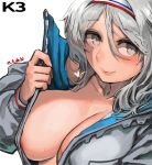  1girl artist_name blush breasts character_name cleavage collarbone covered_nipples e.de.n eyebrows_visible_through_hair girls_frontline grey_eyes grey_hair hairband heart heart_print jacket k3_(girls_frontline) large_breasts lips looking_at_viewer medium_hair open_clothes open_jacket solo sweat sweatdrop white_background white_jacket 