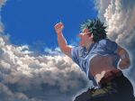  1boy absurdres adam's_apple arm_up bandaged_wrist bandages belt bh20647 blue_shirt boku_no_hero_academia cloud day fallstreak_hole floating_clothes freckles from_below green_eyes green_hair half-closed_eyes highres male_focus midoriya_izuku open_mouth outdoors punching shirt short_hair sky solo sweat tears teeth utility_belt 